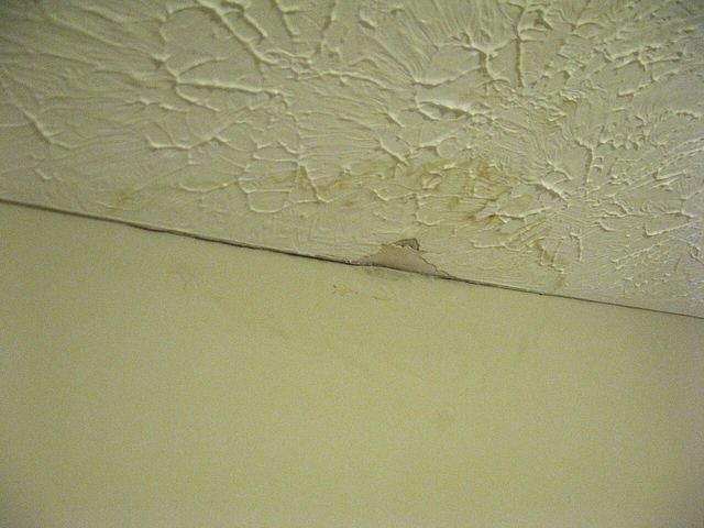 A tan water stain and a cracked seam on a ceiling