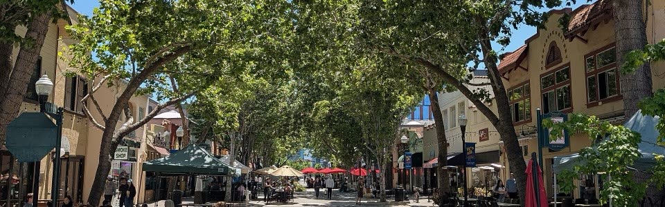 Historic Murphy Avenue in downtown Sunnyvale, tree-shaded with outdoor seating